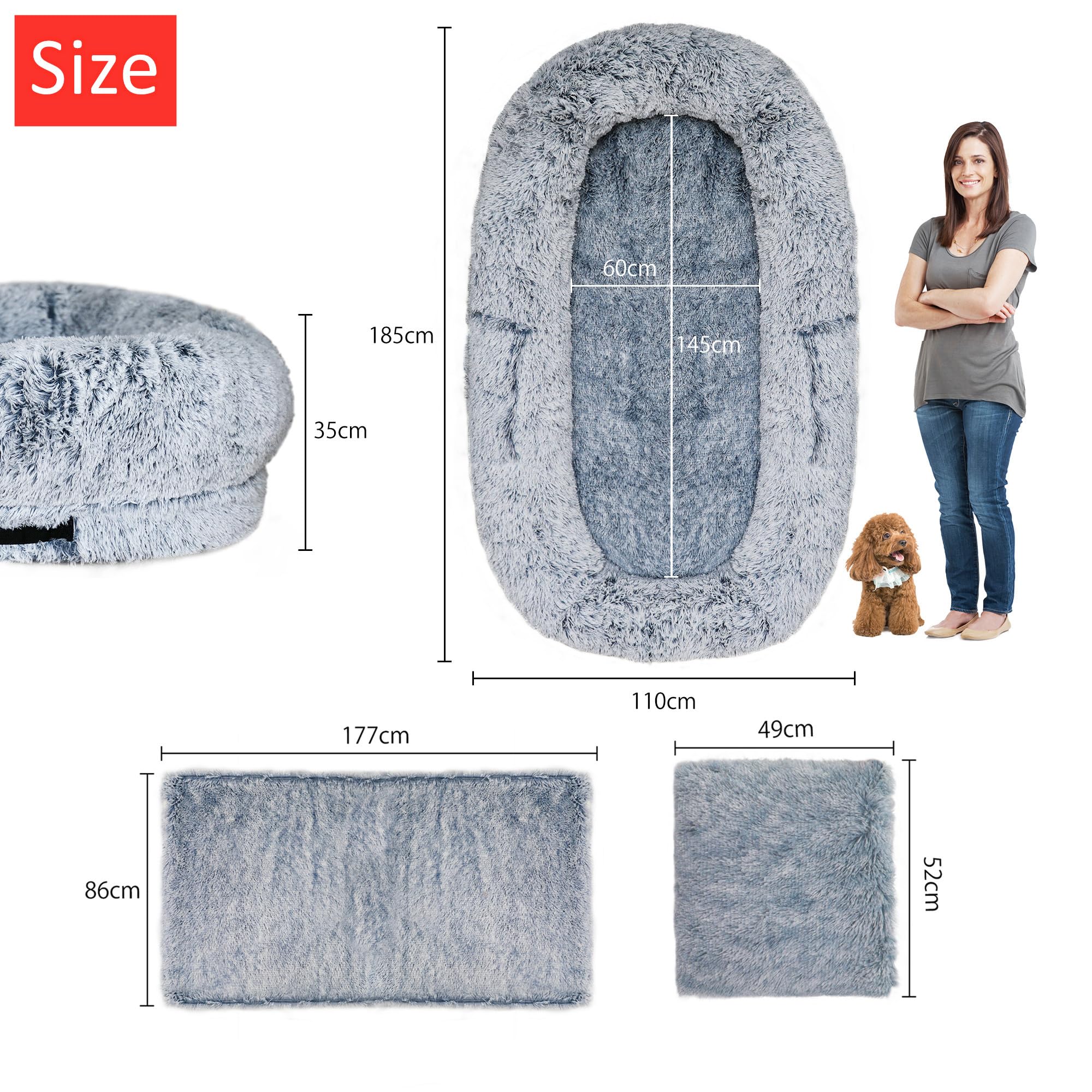 Hundebett für Menschen & Hunde, 185x110x35cm Menschengröße mit Kissen Grau | Menschliche Größe, Waschbar, Menschen Haustierbett für Extra Große Hunde mit Griff Reißverschluss, Abnehmbarer Bezug