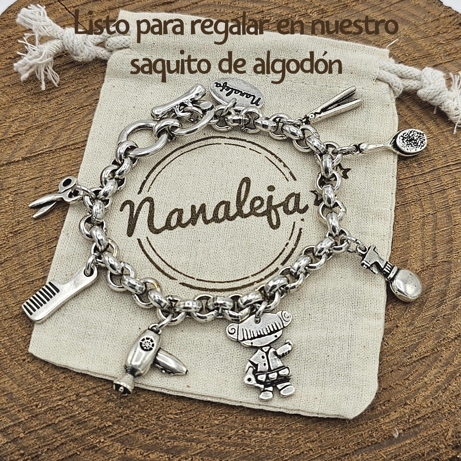 Pulsera Peluquera con 7 Charms de Peluquería, Pulseras Profesiones, Regalos Originales, Cierre Ajustable para Varias Medidas, Hecho en España