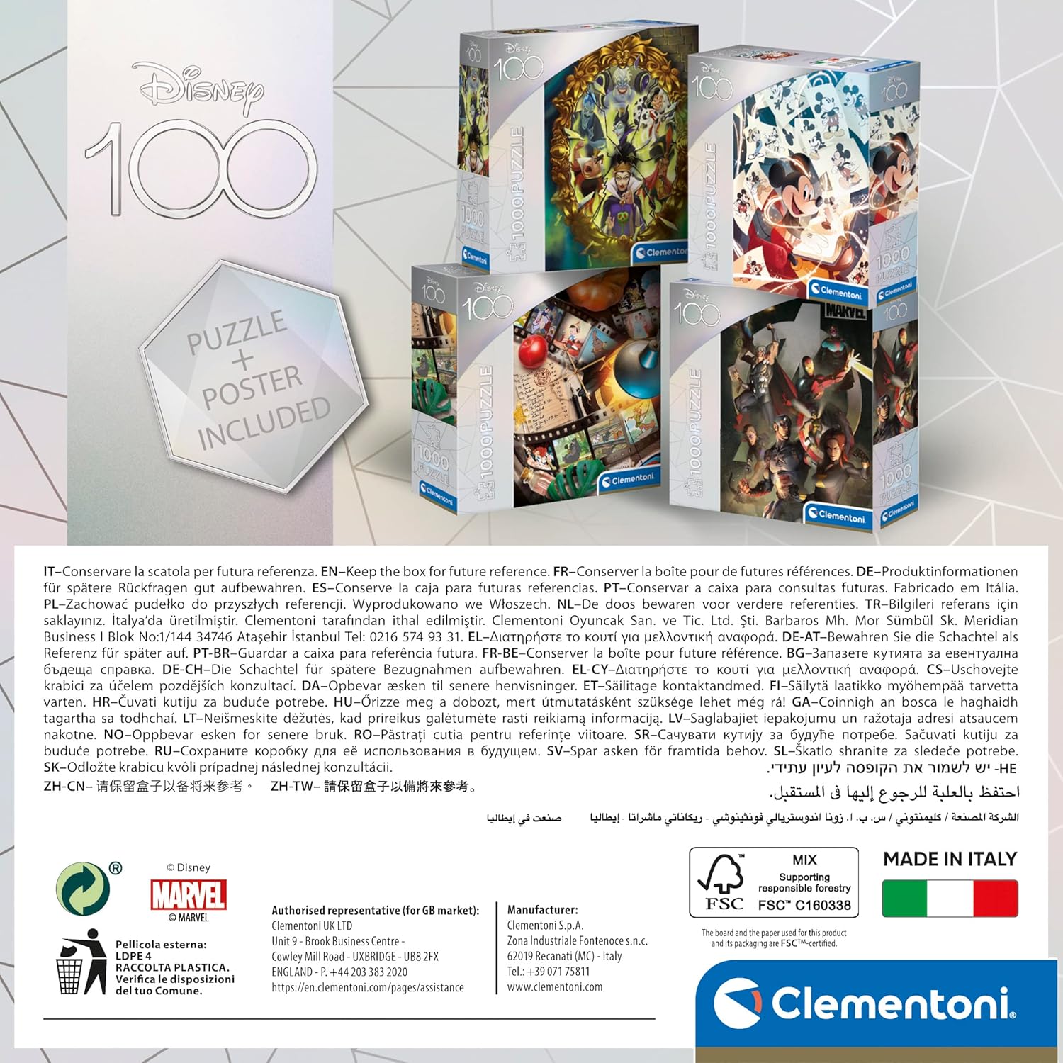 Clementoni - 39720 - Disney 100 Celebration Disney Classic Movies - Jigsaw Puzzle 1000 Pieces, Jigsaw Puzzle For Adults - Made In Italy