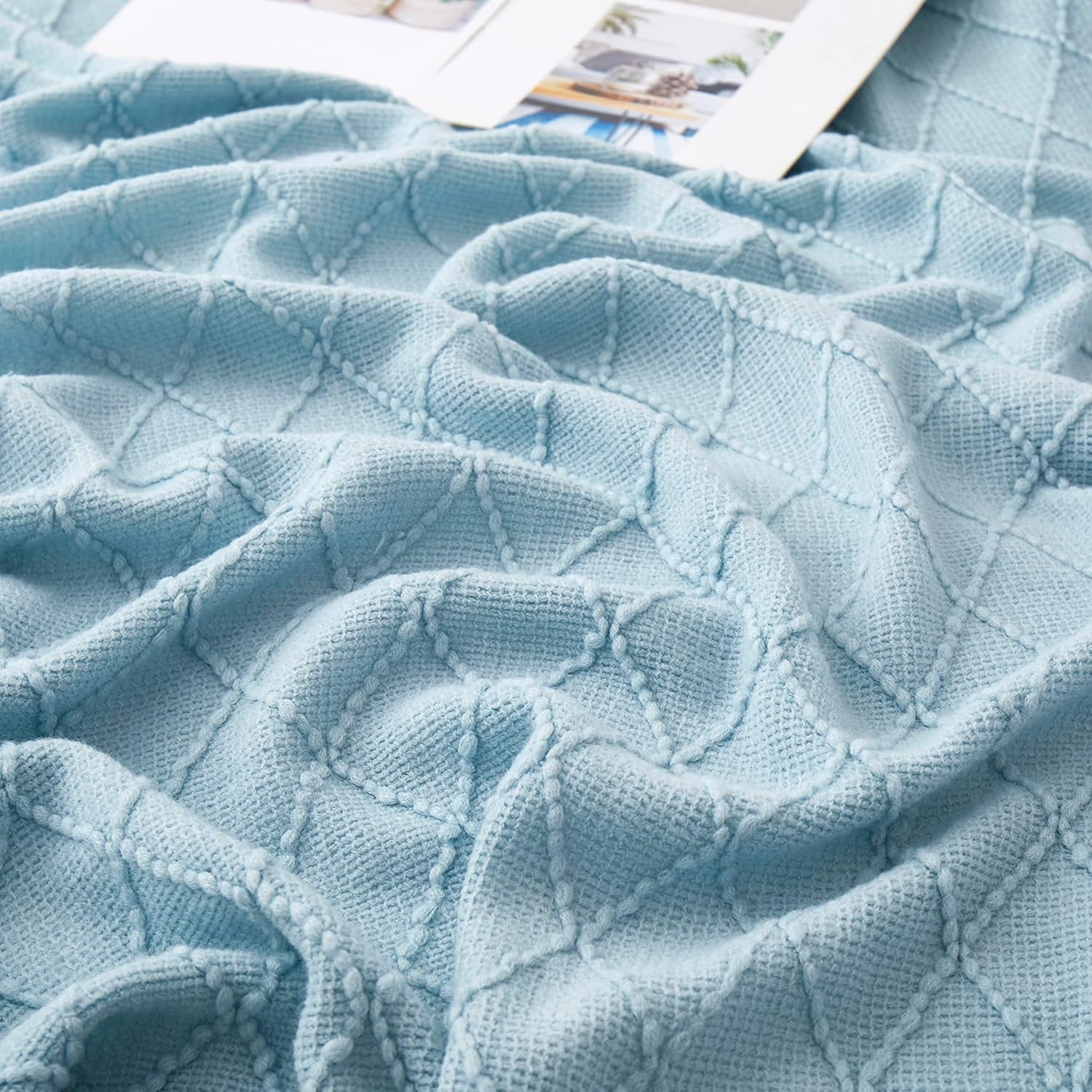 Acrylic Knitted Throw Blanket, Lightweight and Soft Cozy Decorative Woven Blanket with Tassels for Couch, Bed, Sofa, Travel, Suitable for All Seasons, 50 x 60 Inches, Light Blue - Image 3