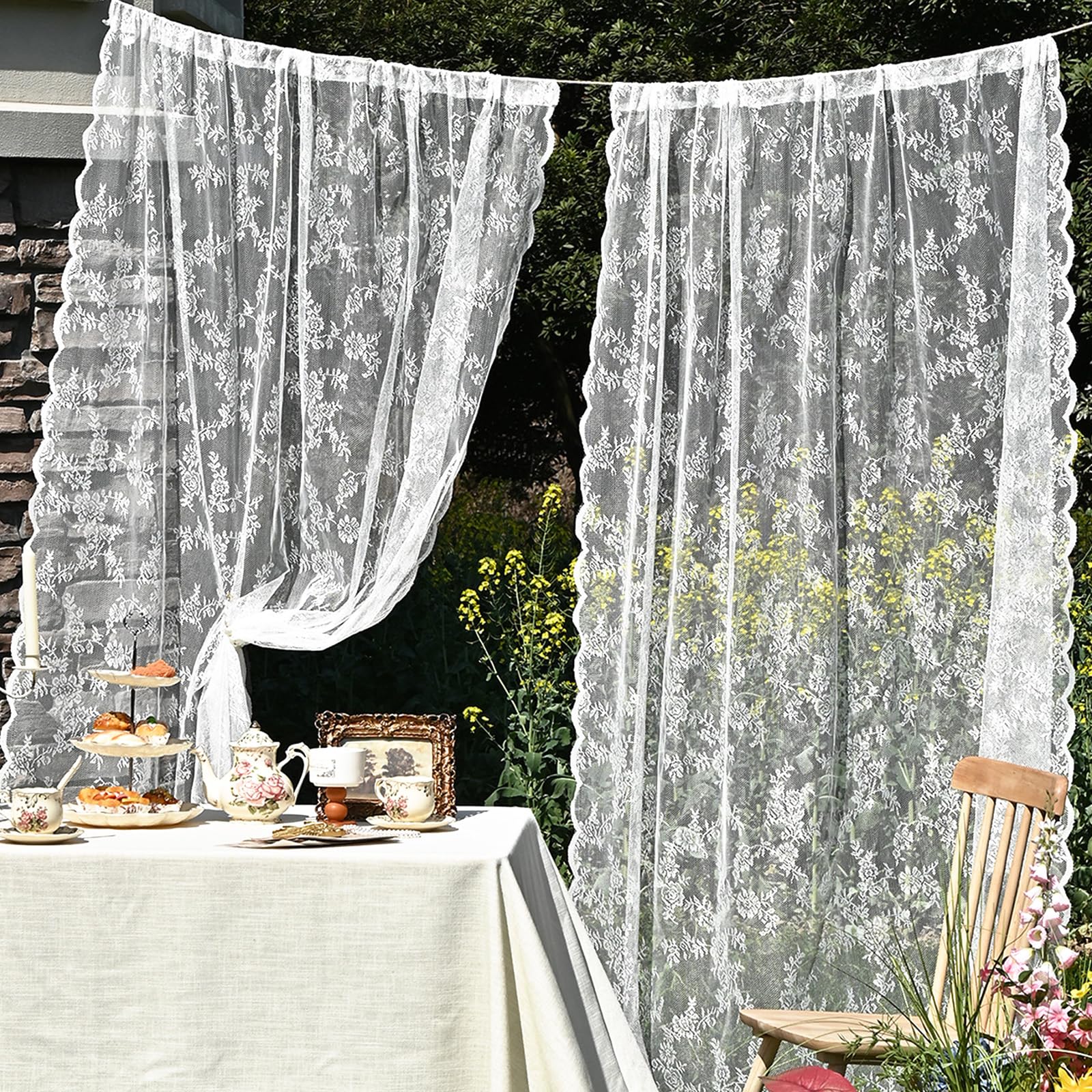 Tenda in Pizzo Ricamato Floreale in Stile Romantico Francese, Trattamento per Finestre Vintage Lungo Shabby Chic con Bordo Smerlato a Volant, per Balcone da Giardino, 1 Pannello