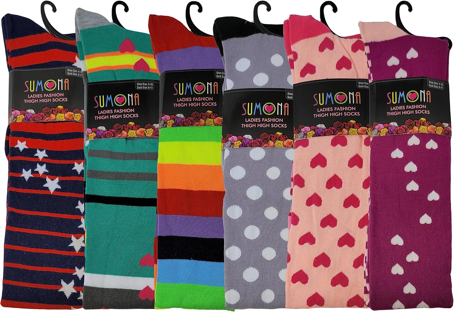 SUMONA 6 Pairs Pack Women Multi Neon Color Fancy Design Thigh High Over the Knee Socks Stockings