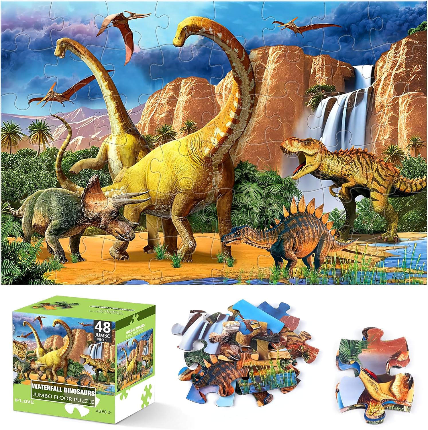 Jumbo Floor Puzzle for Kids,48 Piece Waterfall Dinosaur Large Jigsaw Puzzles, Fun Preschool Educational Toy for Toddlers Ages 3-5,Easter Gift for Boy Girl Ages 4-8