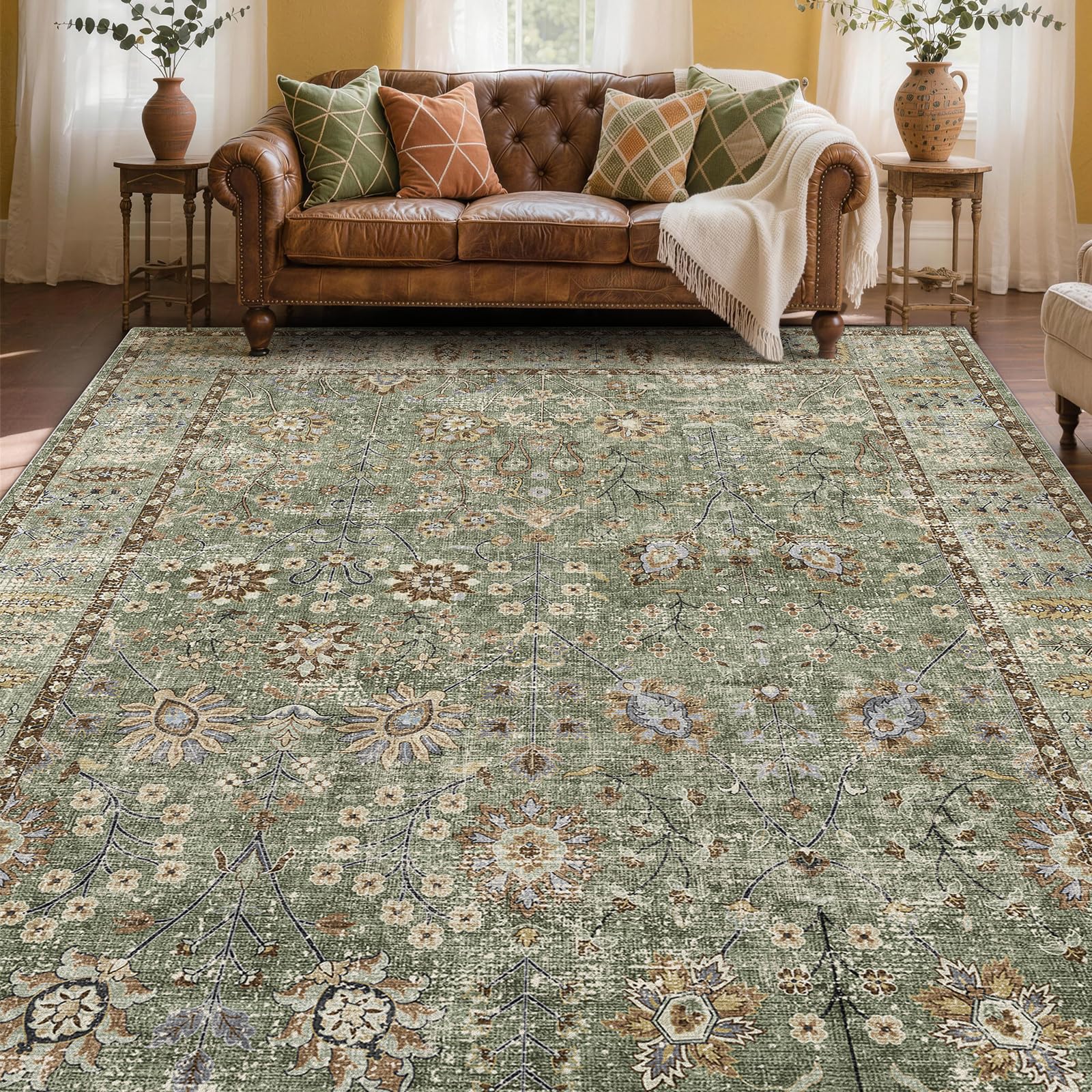 XSIVOD Green Living Room Rug, Washable Boho Area Rugs for Bedroom, Non Slip Vintage Rugs for Dining Room Home Office, Soft Low Pile Floral Rug Accent Floor Carpet for Home Decor, 180x270 cm