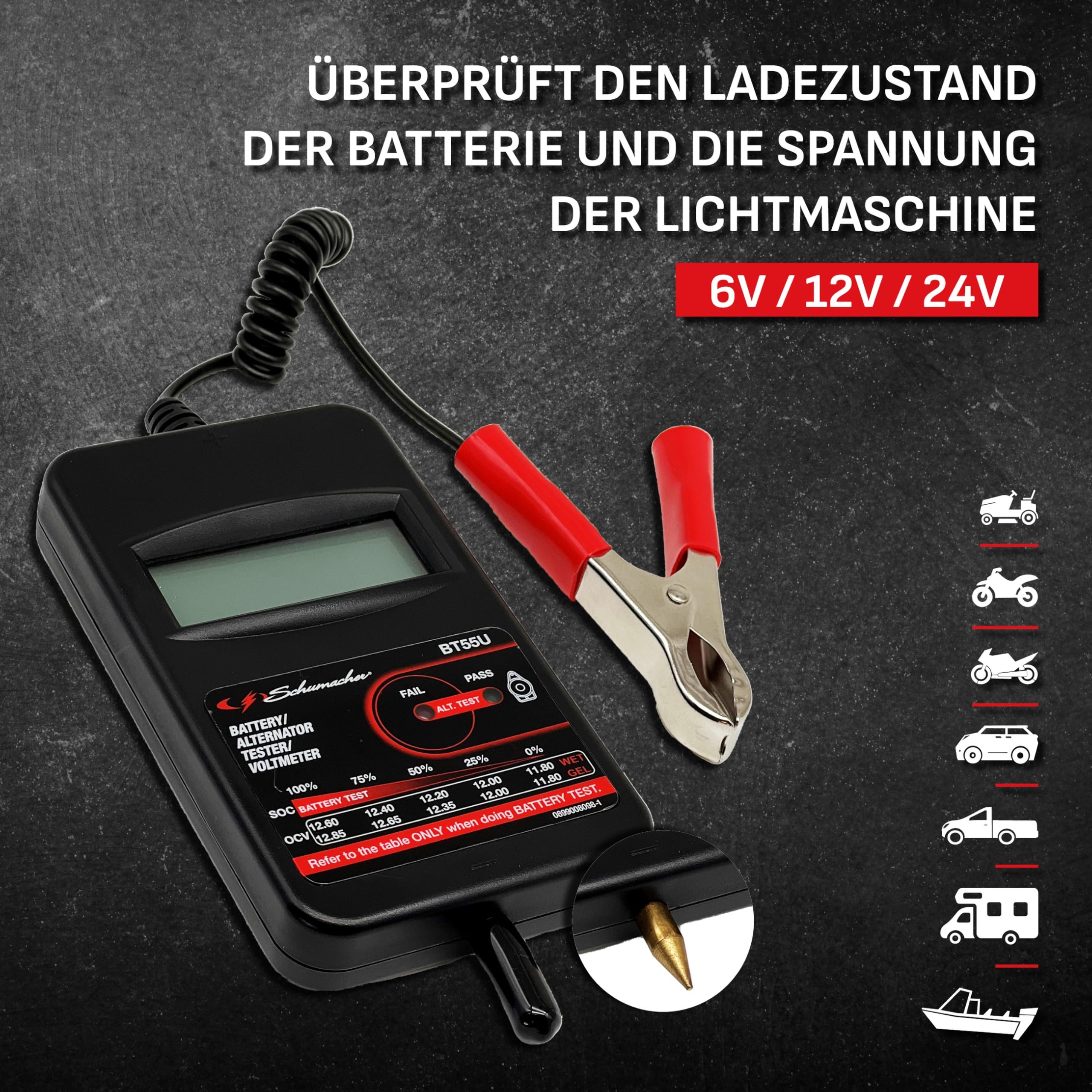 Schumacher Auto Batterietester Compact BT55 - Überprüfung der Lichtmaschinenspannung im Auto - Kompatibel mit 6V/12V/24V Batterien Typ SLI, VRLA, AGM, Gel und 12V Lichtmaschinen - LCD Display | Überprüfung der Lichtmaschinenspannung, Kompatibel mit 6V/12V