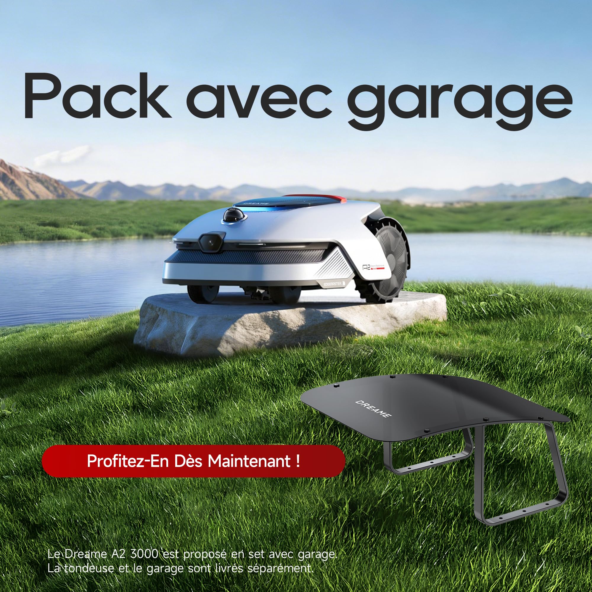 DREAME A2 3000 Robot Tondeuse sans Fil avec Garage Périphérique, 360° 3D LiDAR avec Caméra IA, Cartographie Double Fusion Pelouses 3000 m², évitement d'obstacles, EdgeMaster, Moteur Silencieux