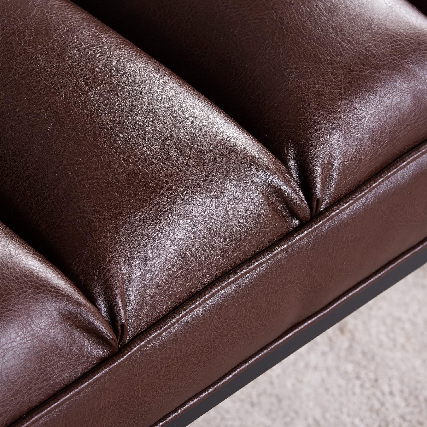 53.5in Upholstered Leather Indoor Bench, Brown. Shoe Bench for The Entryway, Bedroom Bench Seat, an End-of-Bed Ottoman, or Vanity Bench with a Metal Base and Shoe Rack(Brown Color)