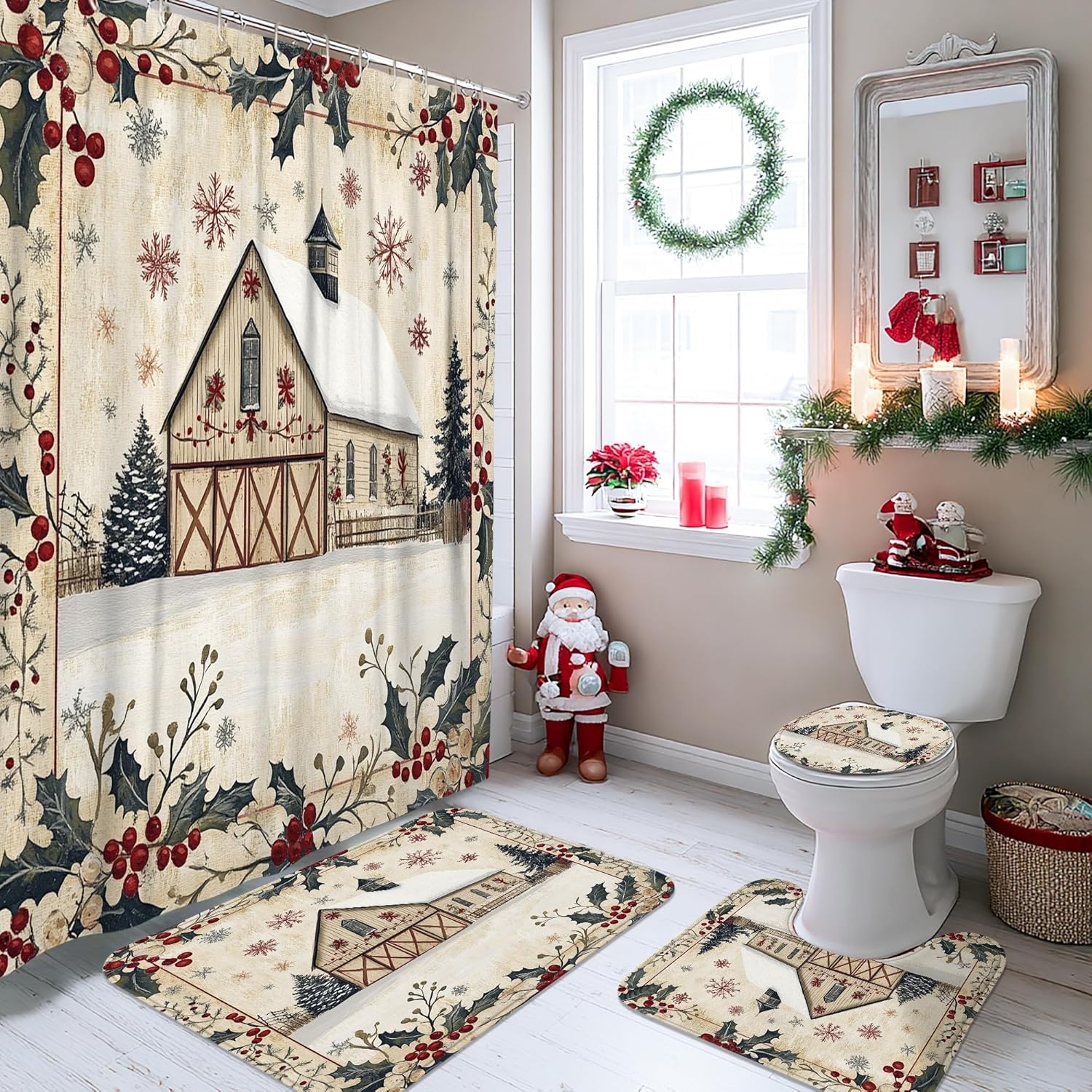 4PCS Winter Farmhouse Merry Christmas Bathroom Sets with Non-Slip Rug, U Shape Toilet Lid Cover Mat, Country Barn Xmas Scenic Bathroom Decoration 72''x72''