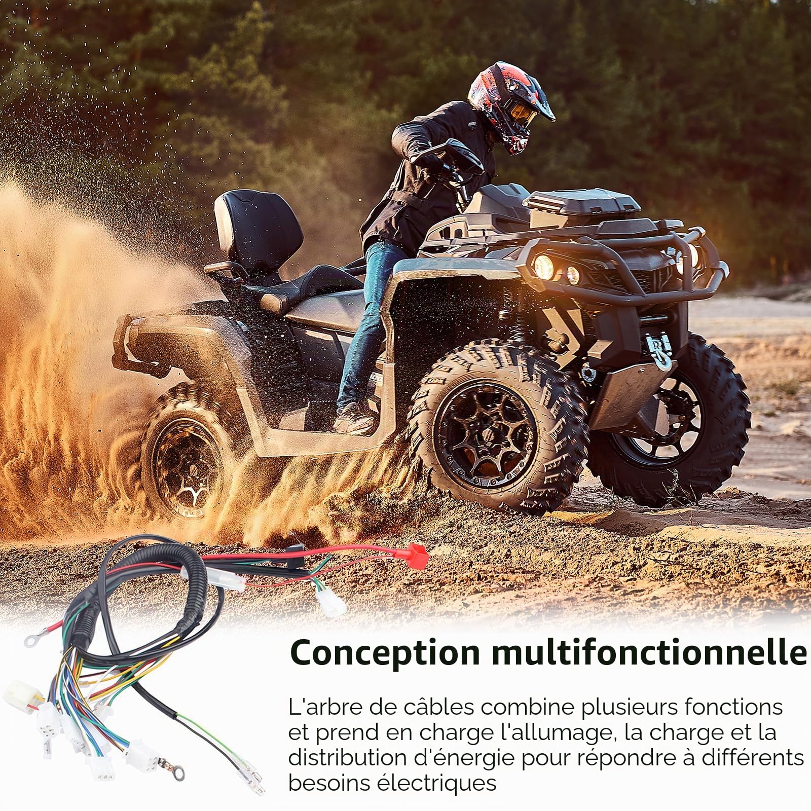Kit complet de faisceau de câbles pour 50-125 cc ATV/Quad/moto, serrure d'allumage avec clé CDI Bobine d'allumage Relais Régulateur Interrupteur Bougie d'allumage Quad Remplacement pour Dirt Bike