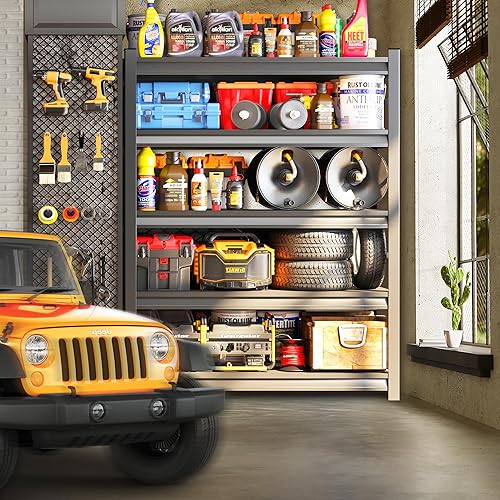 Miniatura 2 de Estantería de garaje ajustable de 5 niveles, estante de almacenamiento de acero de 3000 libras, impermeable y resistente al óxido, fácil montaje