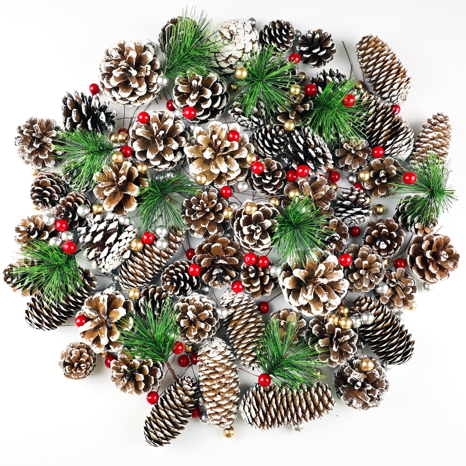 190Pcs Christmas Pine Cones Berry Pine Branch Bulk Set, Natural Snow Pinecones White Christmas Decor Winter Holiday Ornament for Crafts Xmas Tree Christmas Table Decoration DIY Gift Tag Party Supplies