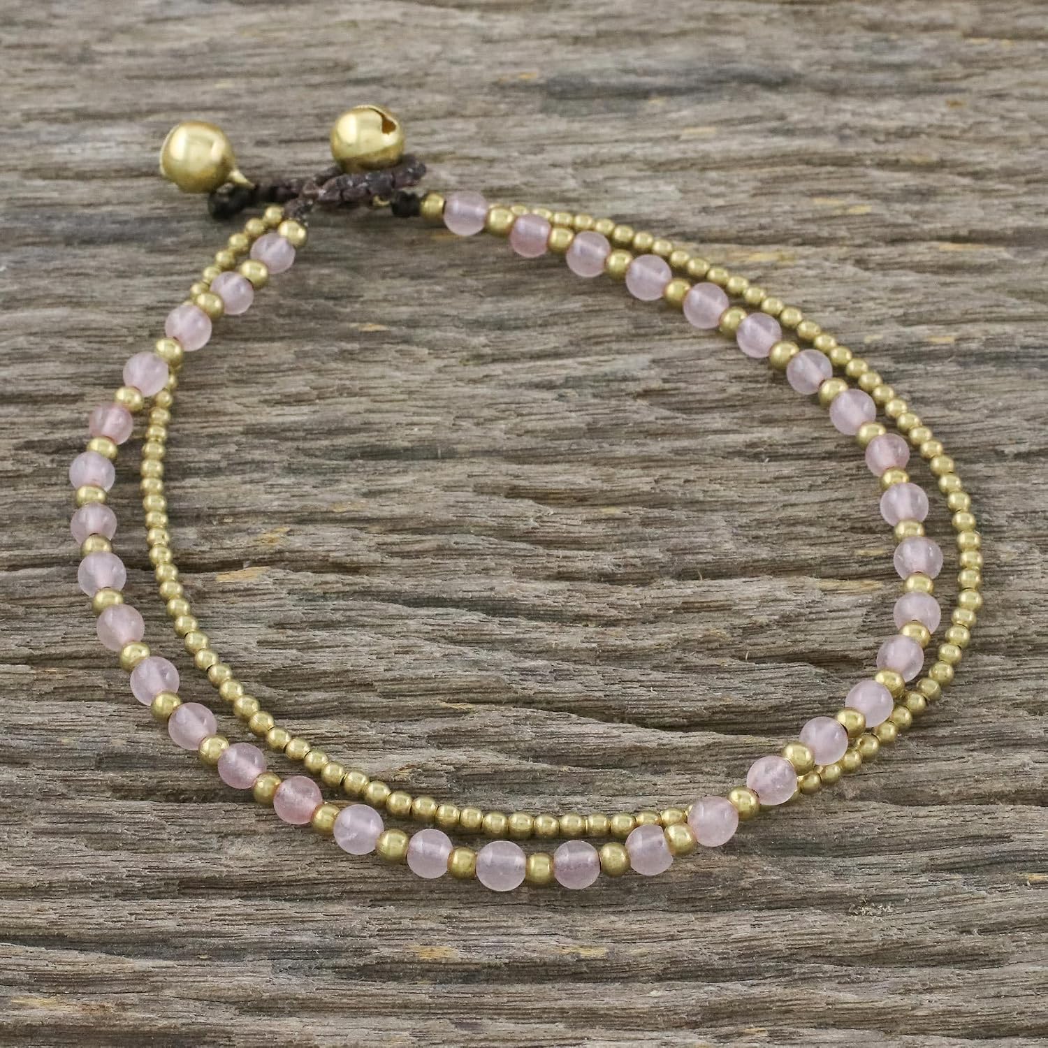 NOVICA Artisan Handmade Rose Quartz Beaded Anklet Brass from Thailand Birthstone [9.25 in min L x 9.75 in max L x 0.3 in W] ' Ringing Beauty'