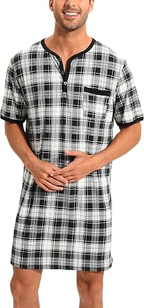 Men Summer Short Sleeve Henley Nightshirt Knee Length Sleepwear with Chest Pocket