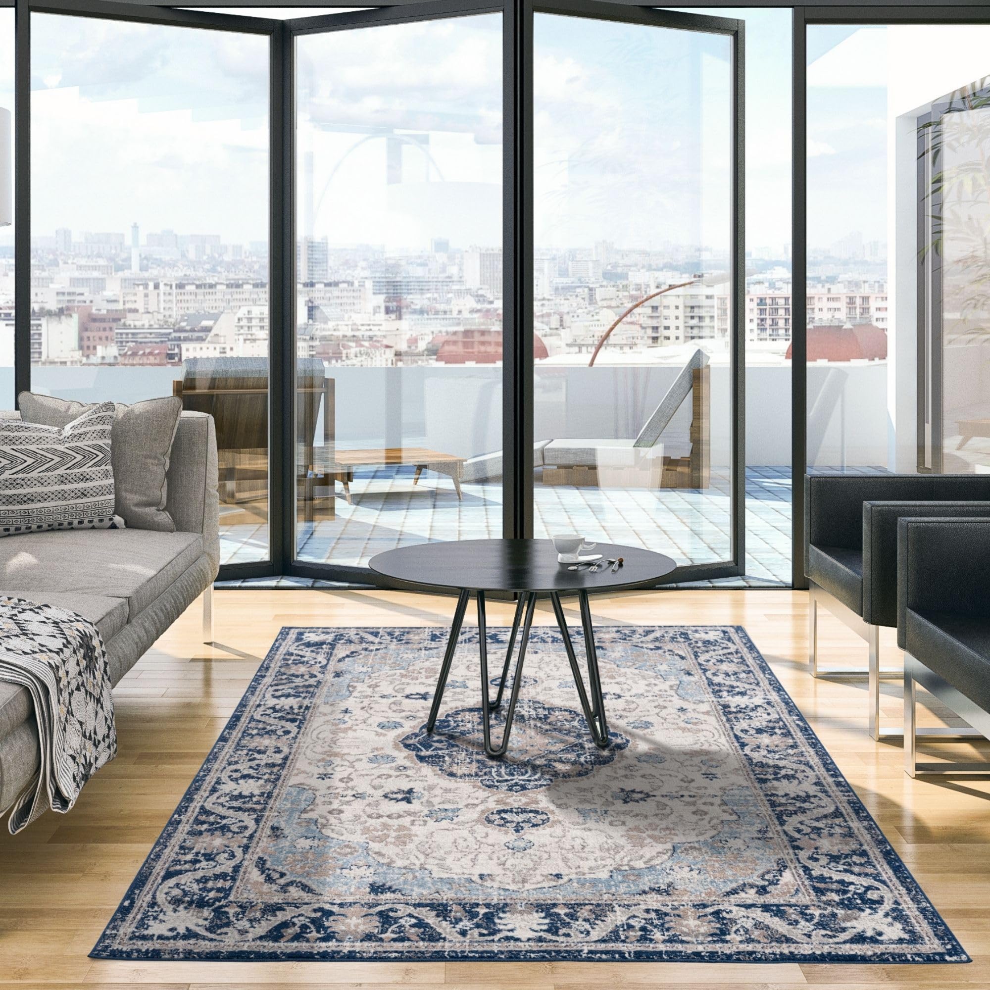 B&Q -  Montana Navy Cream Oriental Area Rug And Runner Soft Durable Pet Friendly Easy To Clean Living Room Bedroom 3922N