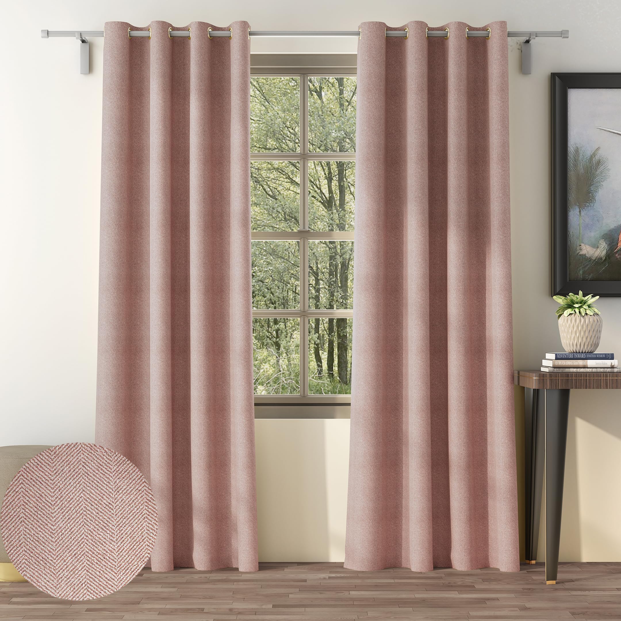 NEFERTITI HOME Herringbone Polyester Eyelets (Steel) Blackout Curtains with Tie Back, Bedroom Living Room (Pack of 2) (Baby Pink, 7 feet)