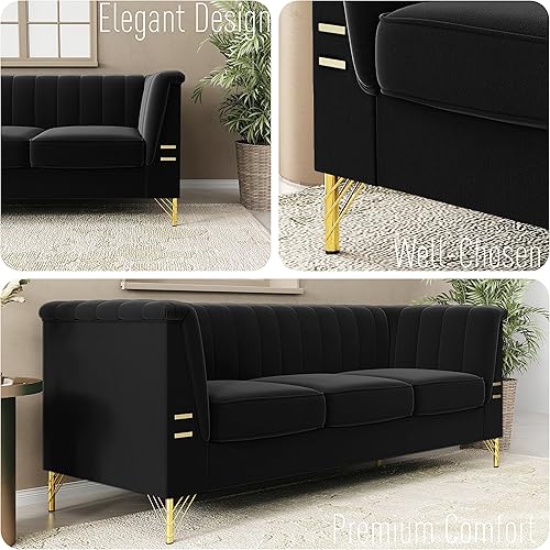 Miniatura 14 de Sofá de terciopelo verde de 83.46 pulgadas de ancho con patas metálicas doradas, sofá tapizado de brazo alto de 3 plazas para sala de estar,