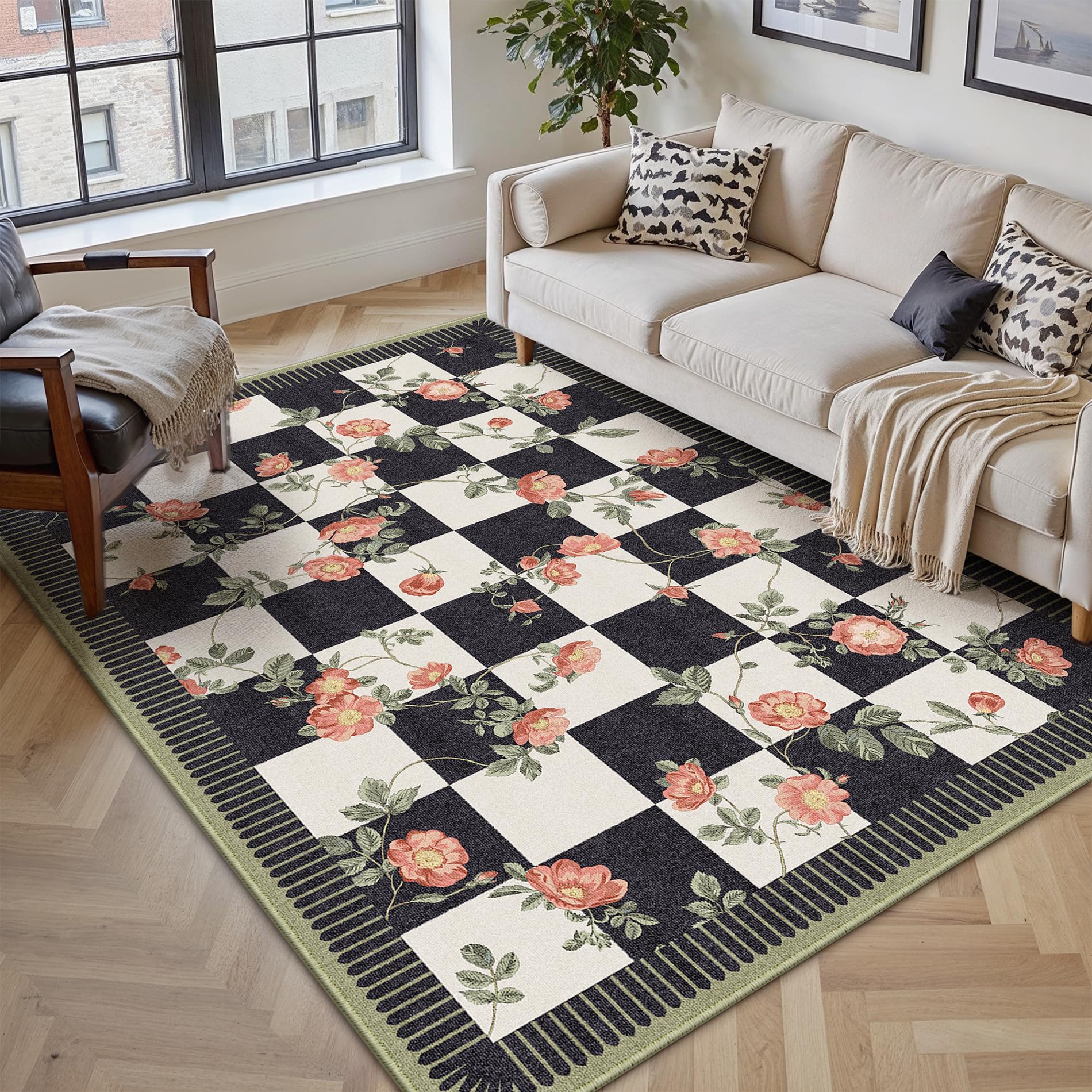 PureCozy Waschbarer Teppich Wohnzimmer Vintage Böhmischen Kariert Flower Tepich