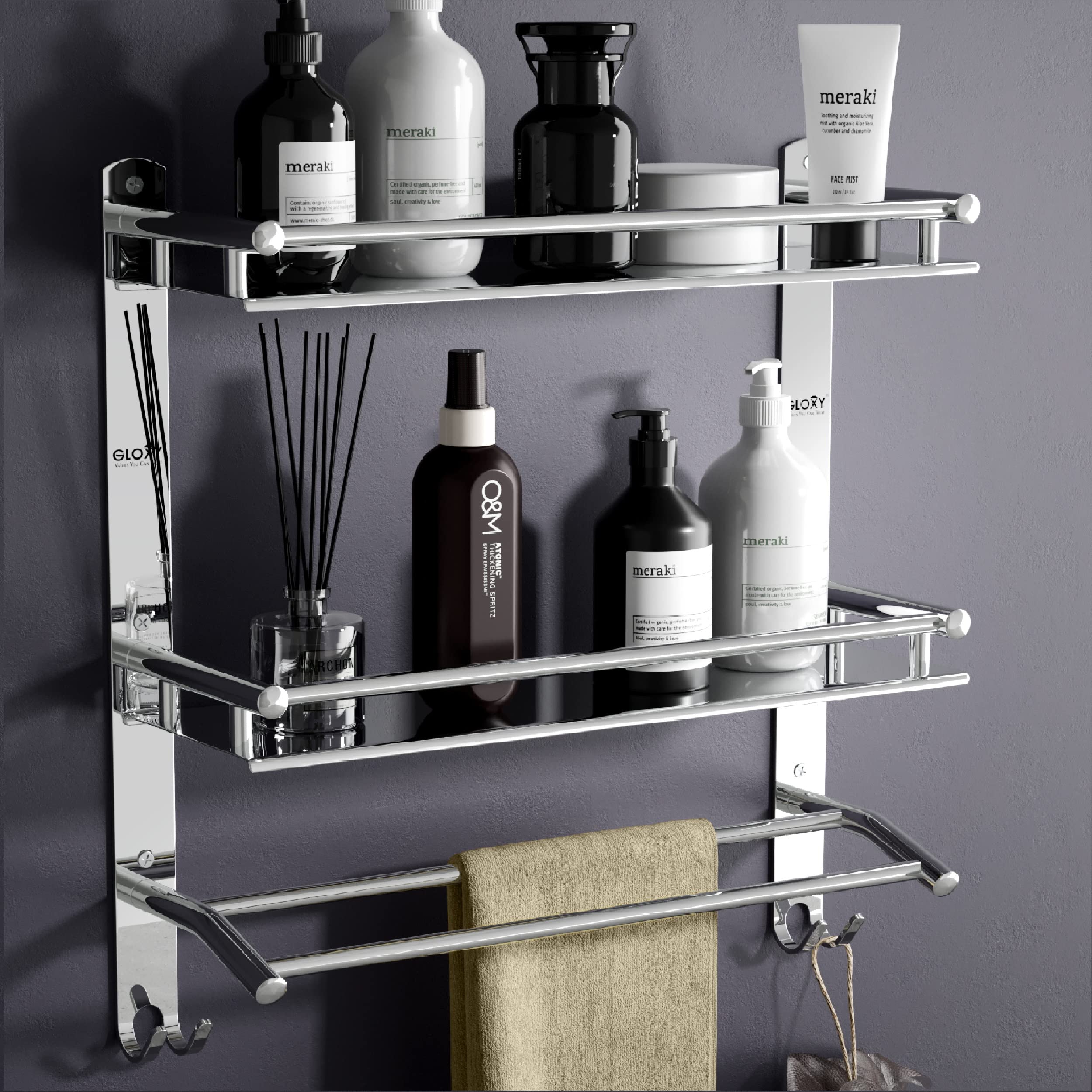 GLOXY ENTERPRISE Stainless Steel Double Layer Shelf with Towel Rod - Bathroom Shelves for Optimal Storage, with Sleek Chrome Finish - Durable Bathroom Accessories and Fittings (5D X 15W X 18H Inch) (B08D6SXJWX) Amazon Price History, Amazon Price Tracker
