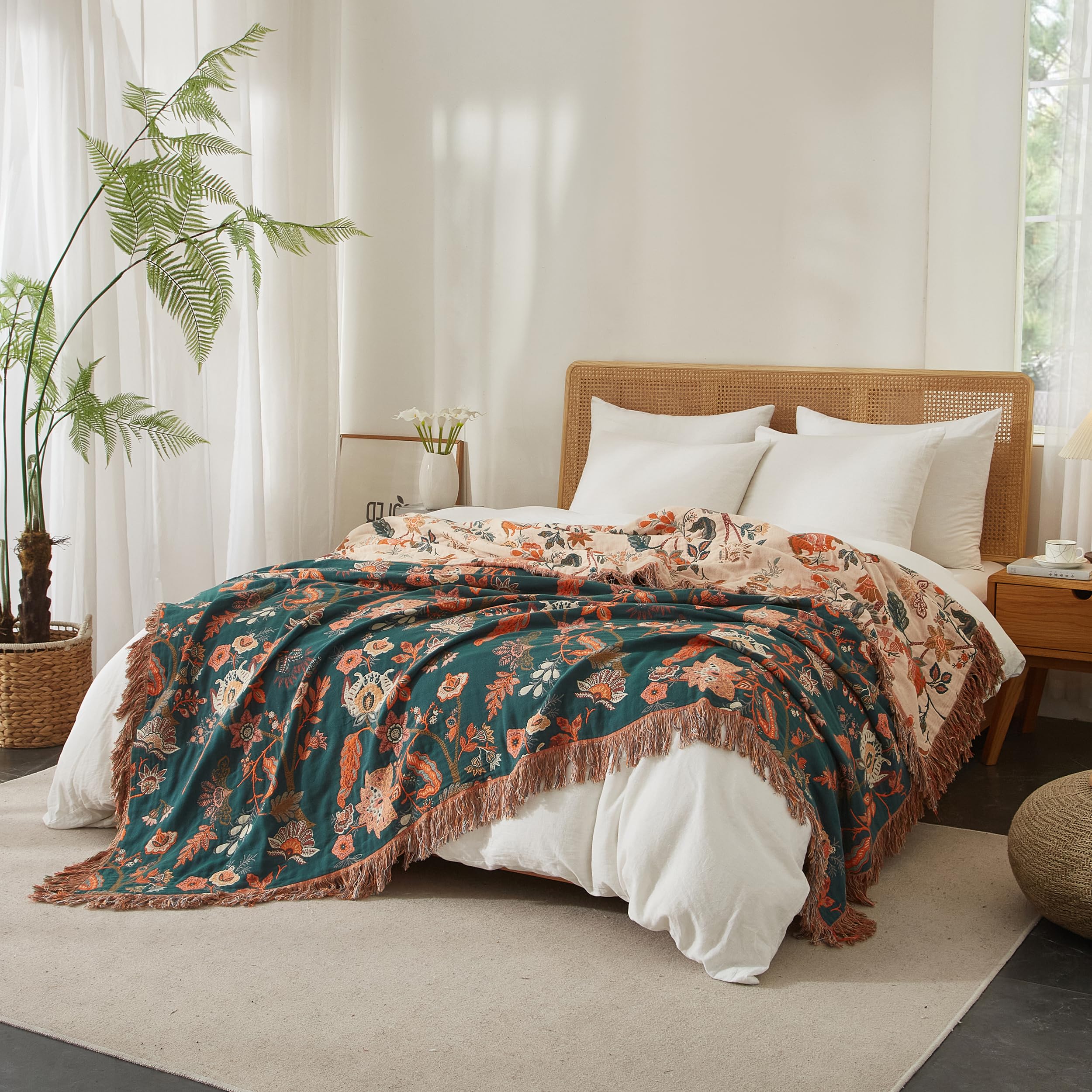 SE SOFTEXLY Boho Decke 100% Baumwolle – Doppelseitige Musselin Tagesdecke 150x200cm, Kuschelige Sofadecke & Bettüberwurf, Aesthetic Design, Ideal für Wohnzimmer & Schlafzimmer, Orange/Grün
