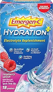 Emergen-C Hydration+ Sports Drink Mix With Vitamin C (18 Count, Raspberry Flavor), Electrolyte Replenishment, 0.33 Ounce P...
