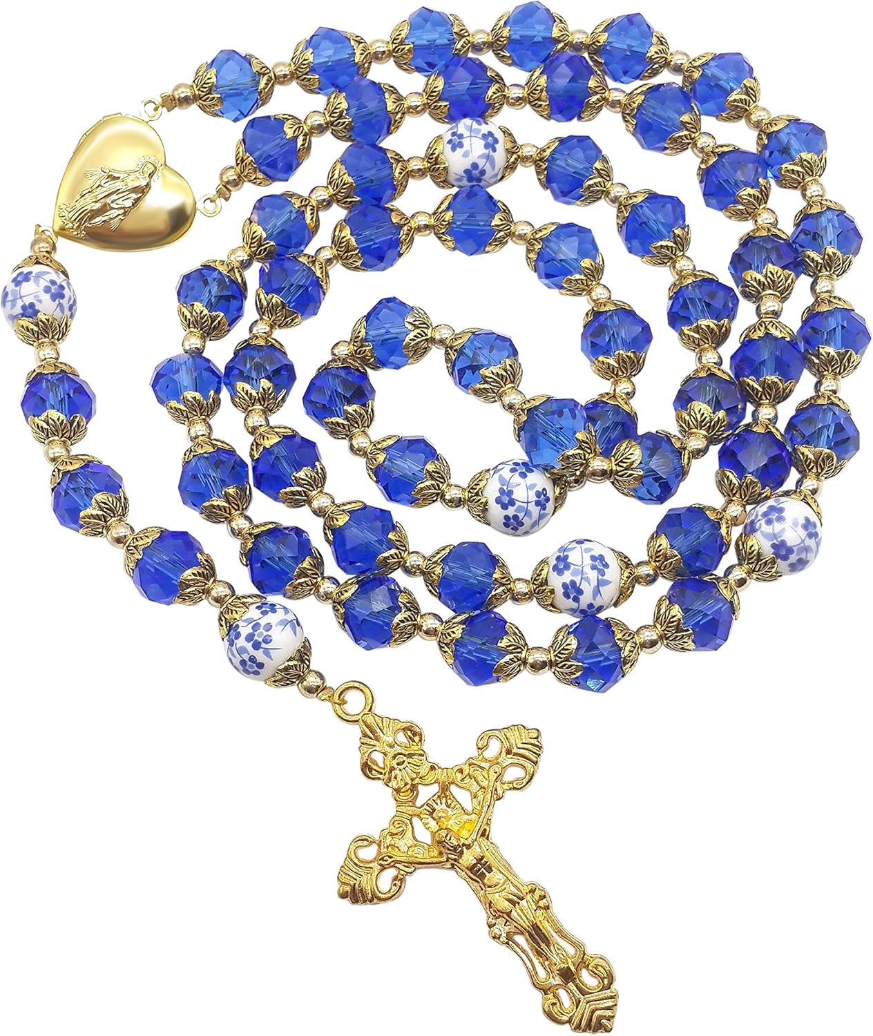 Nazareth Store Catholic Blue Crystal Beads Gold Rosary Flowers Beaded Necklace Miraculous Heart Locket Medal & Cross Religious Women Men Amulet