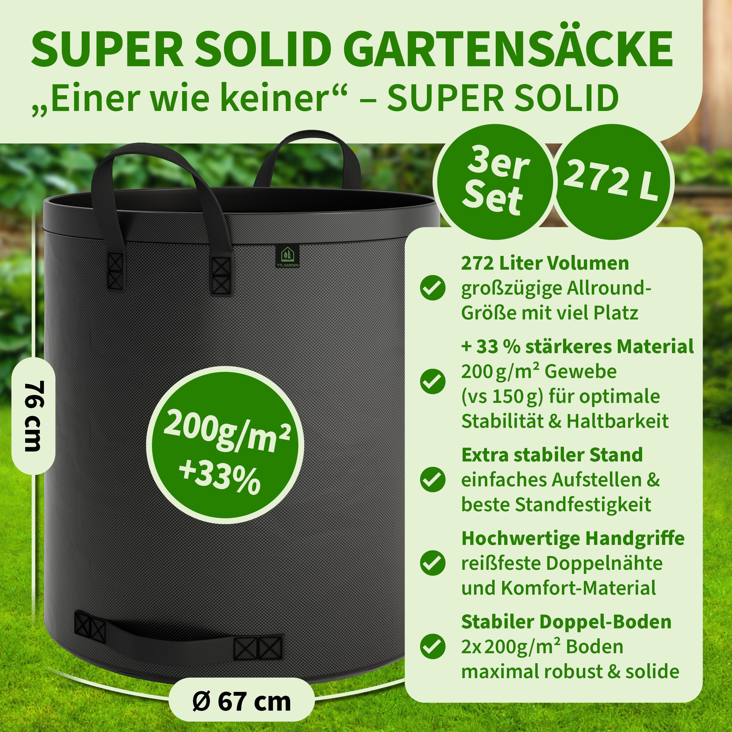 TTL Garden 3x 272L SUPER SOLID Gartensack grau - DOPPELTER BODEN 2x200 gsm extra stabil & reißfest selbststehend 4 Griffe groß robust 3er Set Laubsack Abfallsack für Gras Laub Hecke Gartenabfall