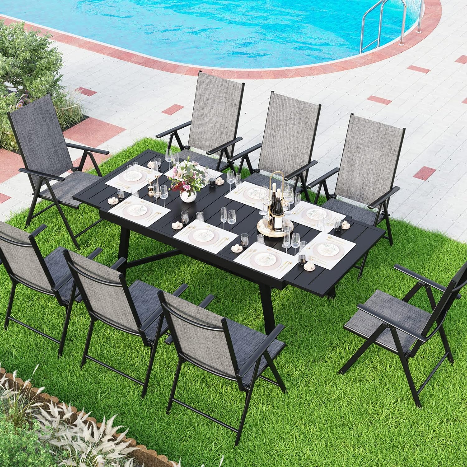 MFSTUDIO 9 Pieces Patio Dining Set with 8 Grey Sling