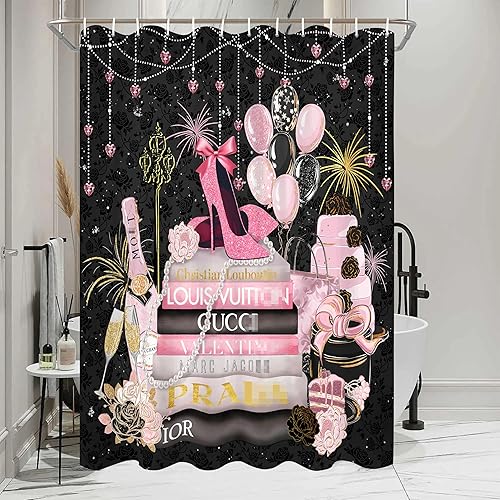 Miniatura 2 de Cortina de ducha de moda, cortinas de ducha de lujo rosa y negro, cortinas de ducha florales femeninas, tela de poliéster impermeable para