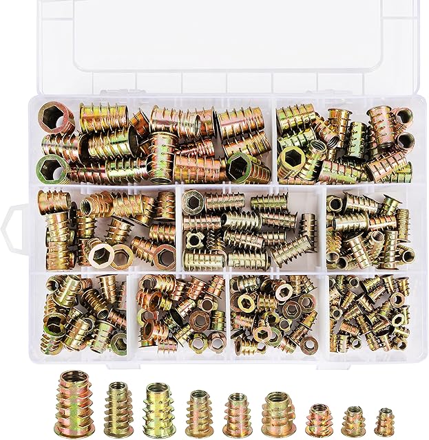 Belle Vous Threaded Insert Nuts Assortment Kit (200 Pack) - M4, M5, M6, M8 & M10 Hex Socket Screws - Zinc Alloy Threaded Bolt Fastener/Connector Wood Inserts for Furniture/Timber