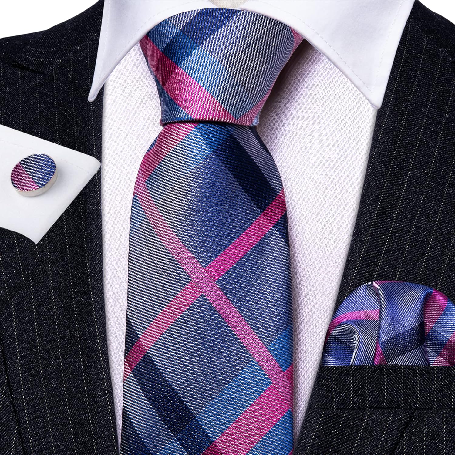 Barry.Wang Plaid Ties Check Mens Necktie Set with Handkerchief Cufflinks Classic Stripe - Image 4
