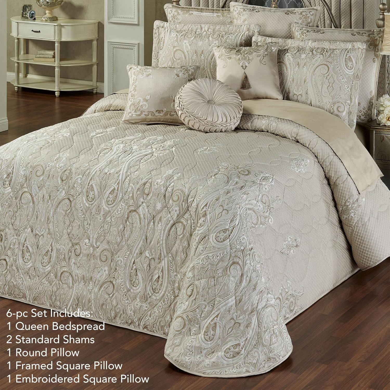 Lunata Luxury Bedding | Chic Neutral Color Palette | Fine Jacquard-Woven Scrollwork and Diamond Designs | 6 Piece Bed Set Includes Oversized Queen Bedspread, 2 Standard Shams, and 3 Decorative Pillows