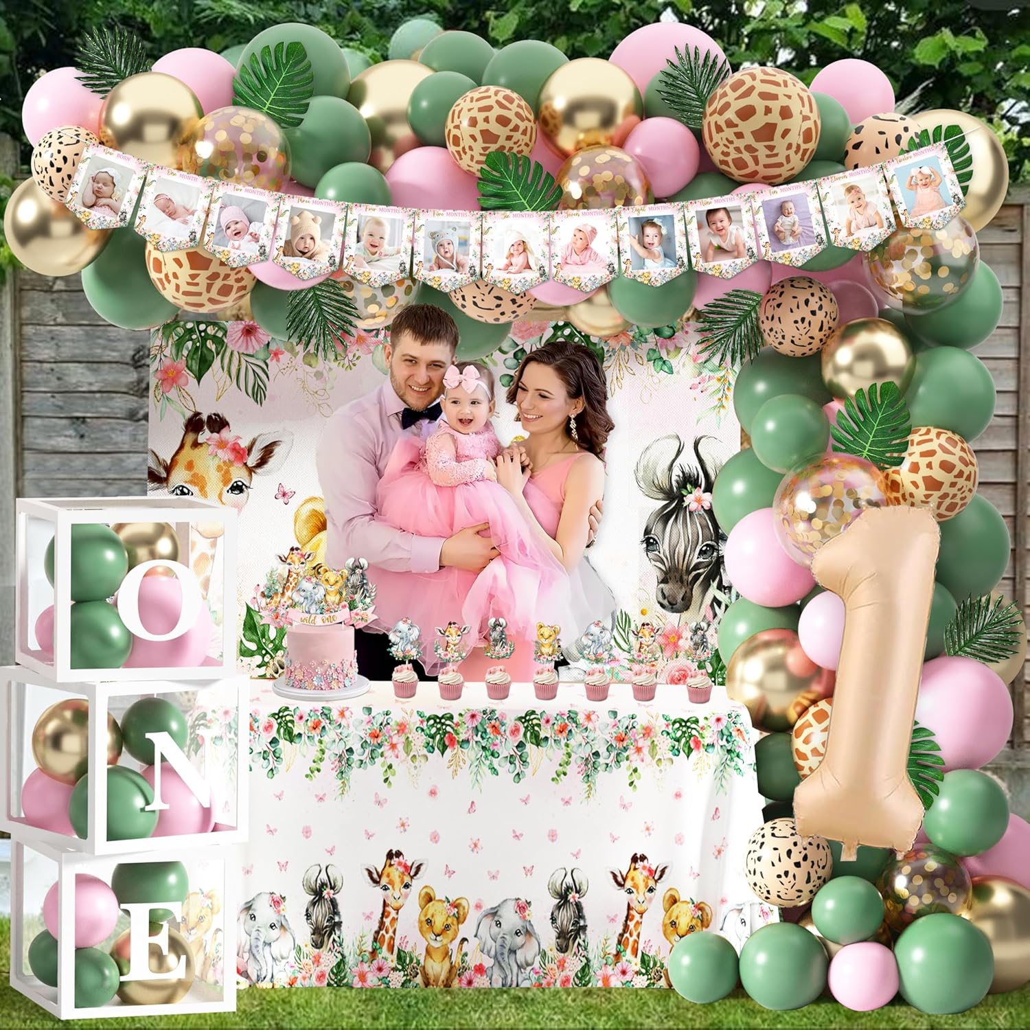 Wild One Birthday Decorations for Girls, 114 Pcs Safari Jungle Theme First Birthday Party Supplies with Backdrop, Tablecloth, Balloon Arch Kit, Photo Banner, One High Chair Banner and Cake Toppers