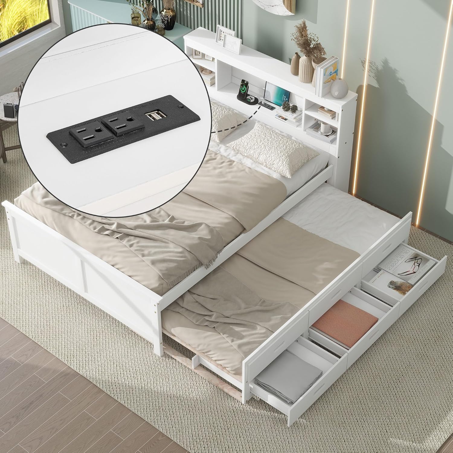 Solid Wood Full Size Platform Bed with Multi-functional Headboard, Platform Bed Captain's Bed Frame with Twin Size Trundle and 3 Drawers, Sturdy Slatted Support for Bedroom Guest Room (White-HC, Full)