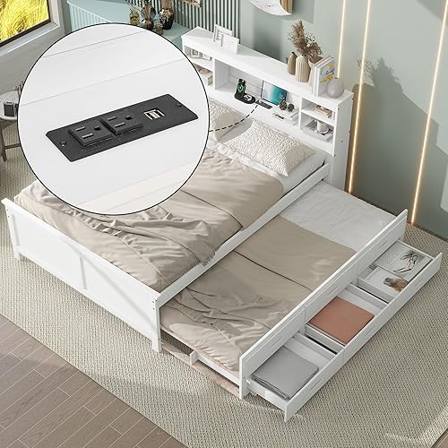 Miniatura 38 de Cama de plataforma de tamaño Queen con cabecero y cajones, marco de cama de plataforma de madera maciza con estantes, puertos USB y enchufes, marco