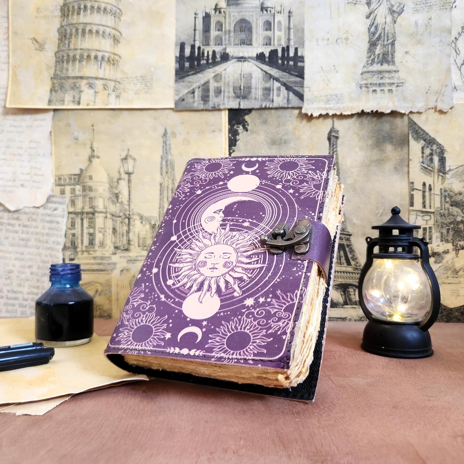 Finun-Lthr Personalized Gift Sun Moon Leather Journal Sketchbook with Vintage 200 deckle edge Handmade Paper and C-Lock closure (Purple, 8 * 6inch)