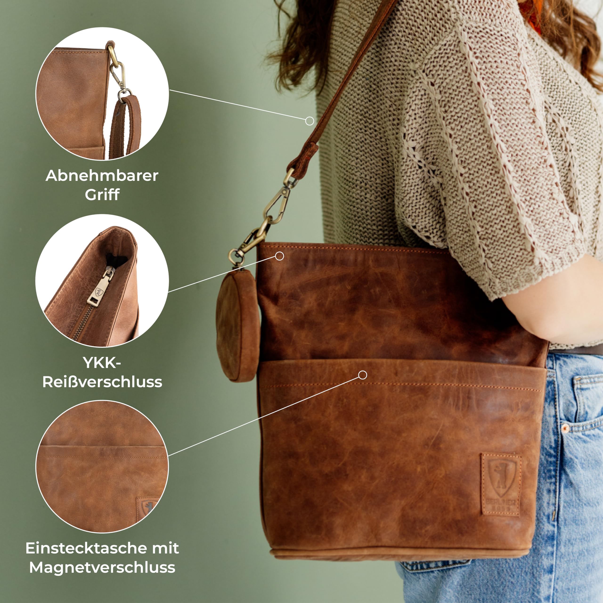 Berliner Bags Vintage Schultertasche Sofia, Umhängetasche mit 2 Riemen aus Leder, Handtasche für Frauen - Braun