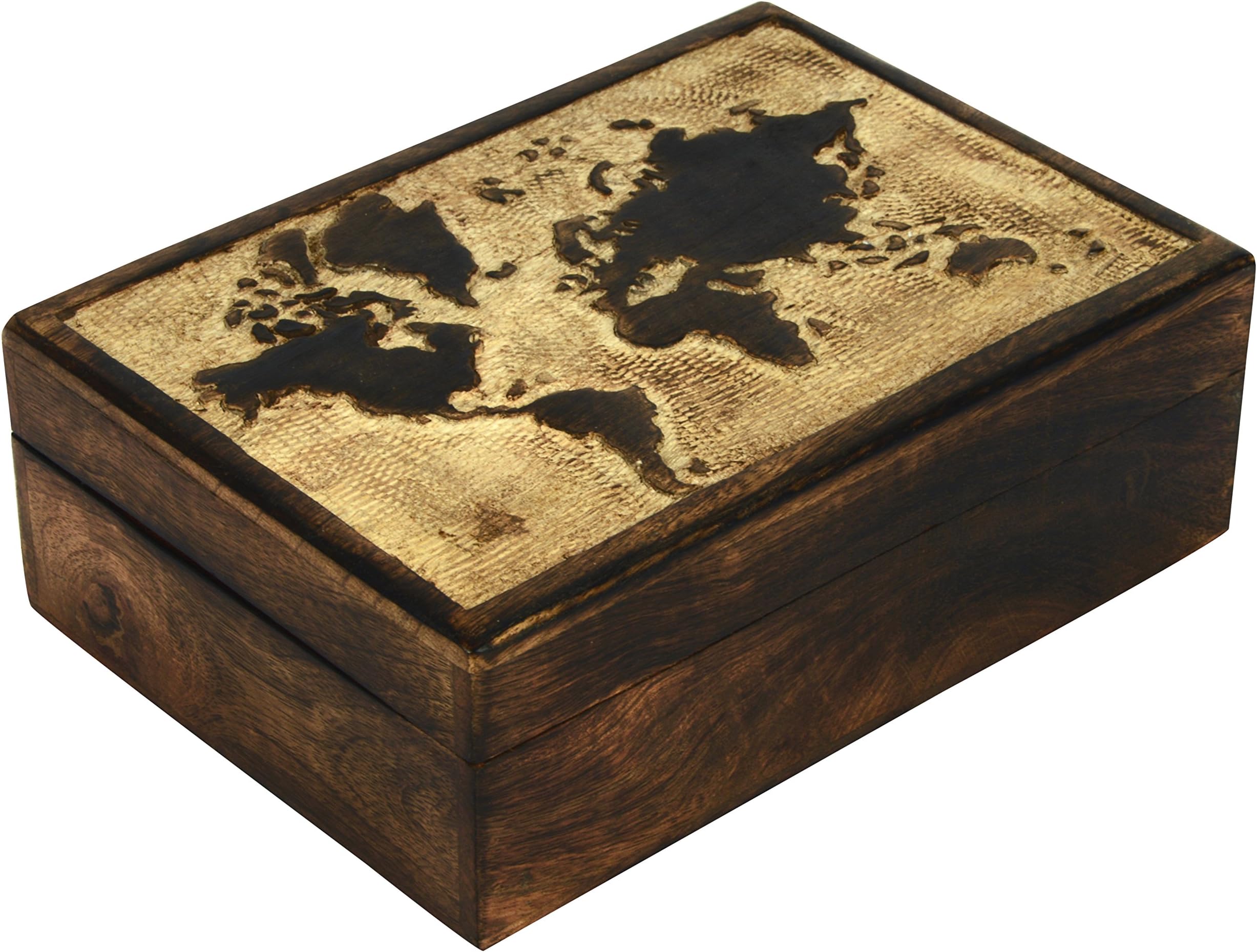 Multipurpose Decorative Wooden Jewelry Trinket Holder Keepsake Storage Box with World Map Carving/Handmade : 10x7x3.25 (LxBxH)