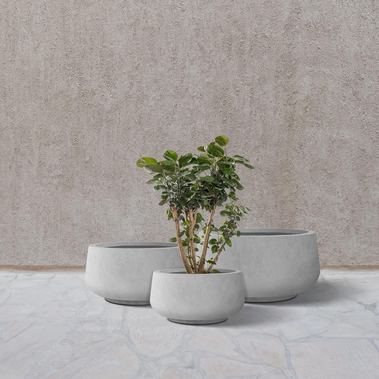 Kante 21.6",16.9",and 12.5" Dia Round Natural Concrete Elegant Planters (Set of 3), Outdoor Indoor Garden Plant Pot with Drainage Hole and Rubber Plug for Home & Patio