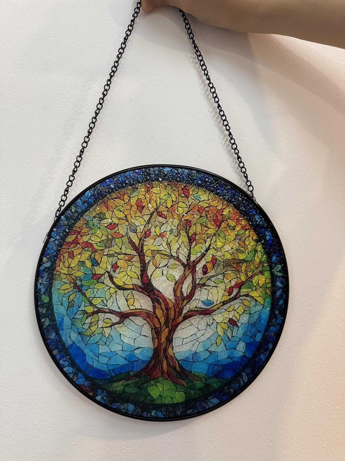 Stained Glass Window Hanging, Colorful Tree of Life Sun Catchers Glass Panel Blue Suncatcher Decor for Birthday for Women, Men, Wife, Aunt, and Mom 9.8 in (The Tree of Life)