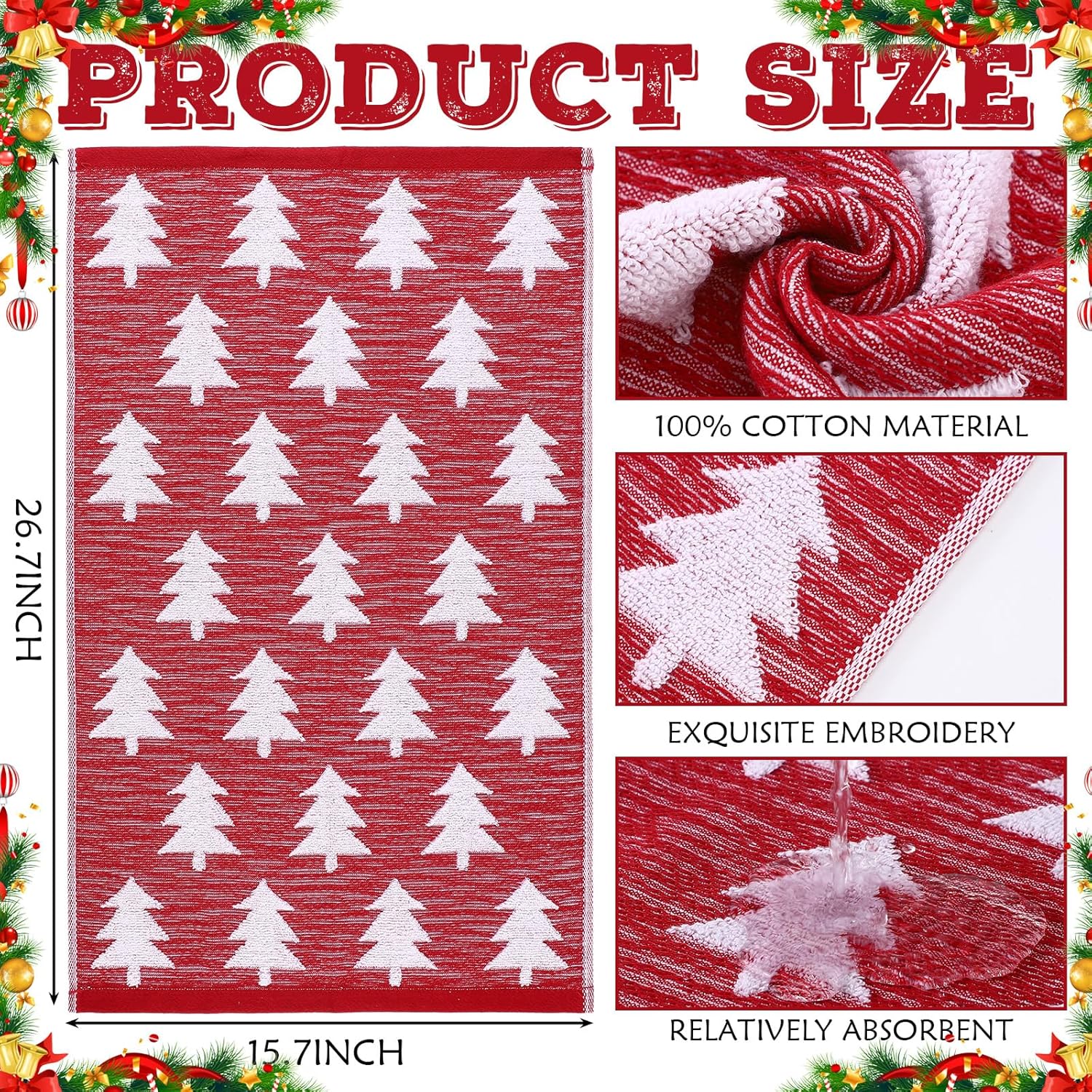 Tudomro 2 Pcs Christmas Hand Towels Red Christmas Tree Bathroom Winter Decorative Towels 100% Cotton Thick Jacquard Weave Bath Decor Holiday Bathroom Decor for Kitchen Xmas Gifts - Image 2