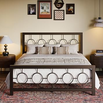 SHA CERLIN Queen Size Metal Bed Frame with Vintage Circular Design Headboard and Footboard,No Box Spring Required,Easy Assembly,Noise-Free,Brown