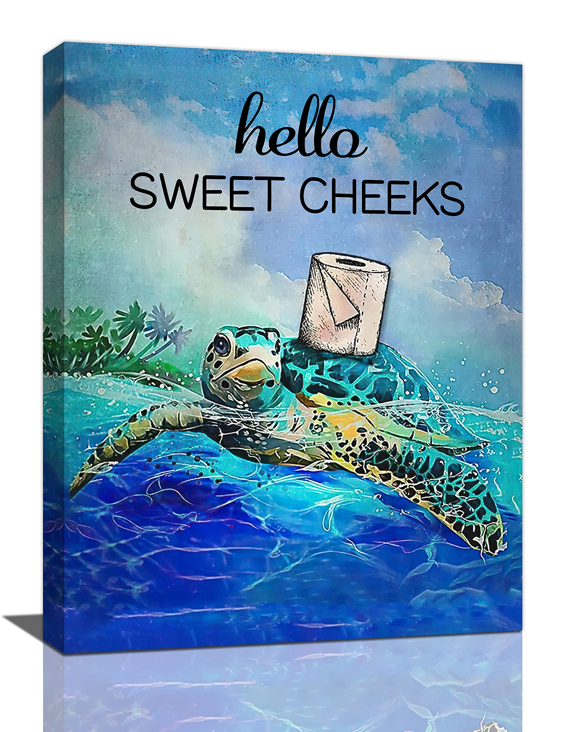 Funny Sea Turtle Bathroom Wall Art Nautical Bathroom Decor Sea Turtle Pictures Wall Decor Ocean Coastal Seascape Canvas Print Sea Life Painting Framed Modern Home Artwork Bathroom Decorations 12"x16"