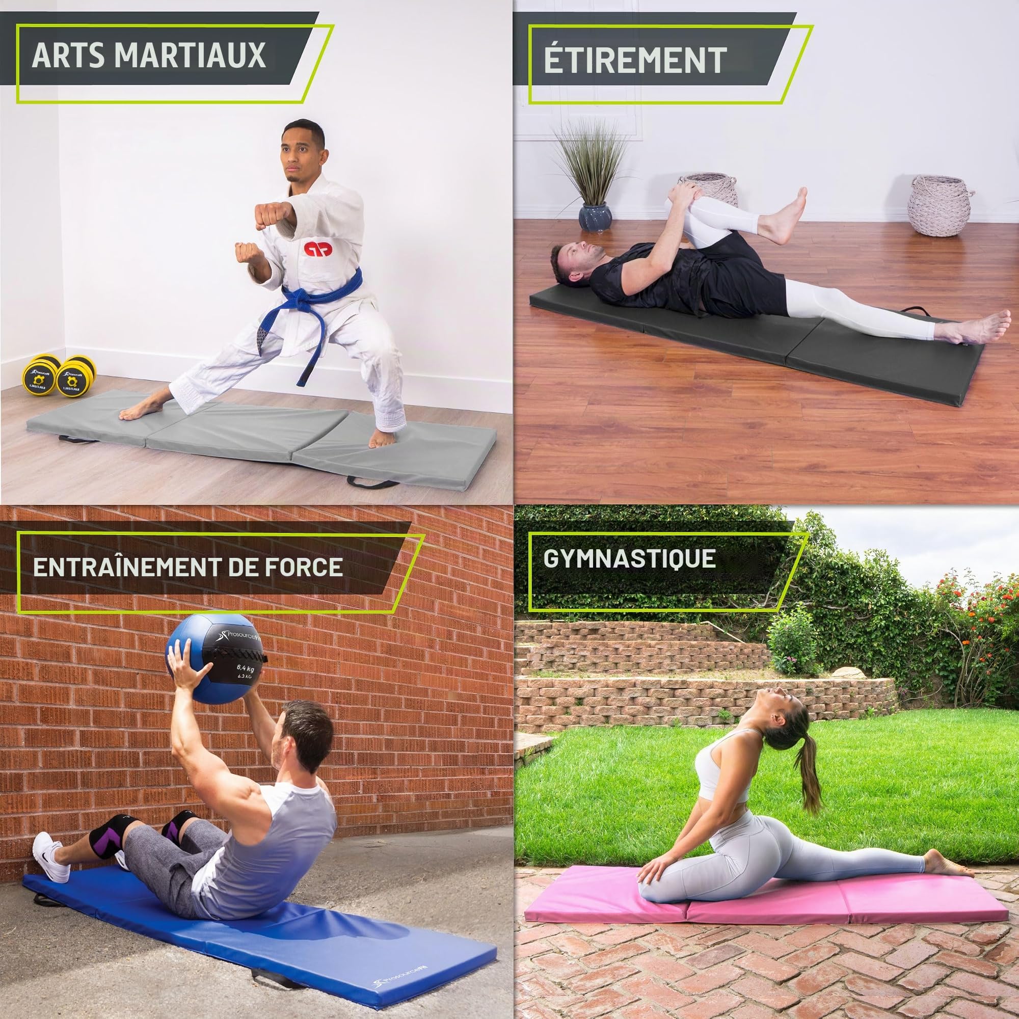 ProsourceFit Tapis d'exercice pliable à trois plis épais 1,8 x 0,6 m avec poignées de transport pour MMA, gymnastique, étirements, entraînements de base