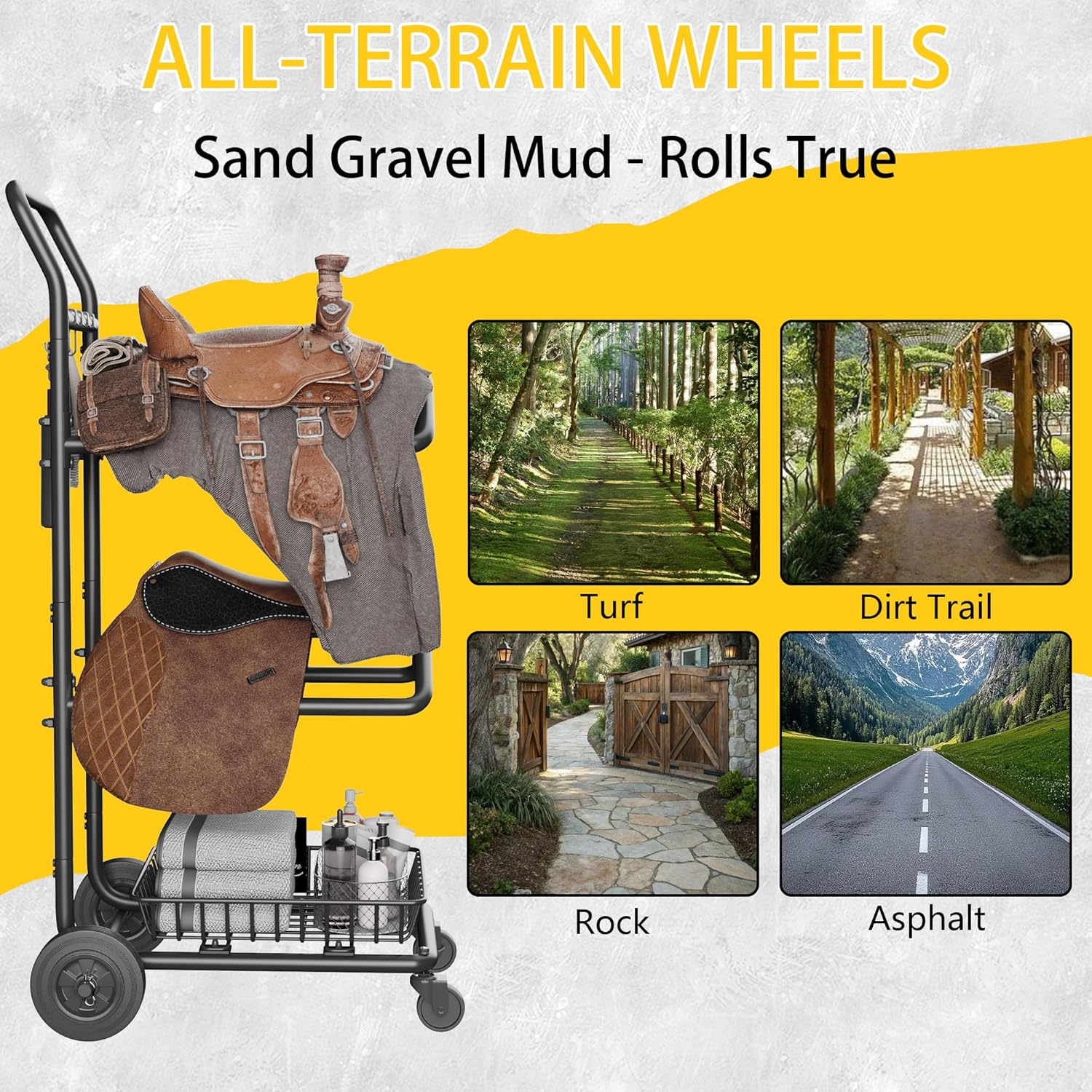 YOHKOH Saddle Rack on Wheels, Rolling Saddle Stand with Lockable Casters & Handle, 2-Tier Design for Western & English Saddles, Horse Blanket Rack with Store Basket for Tack Room Organization