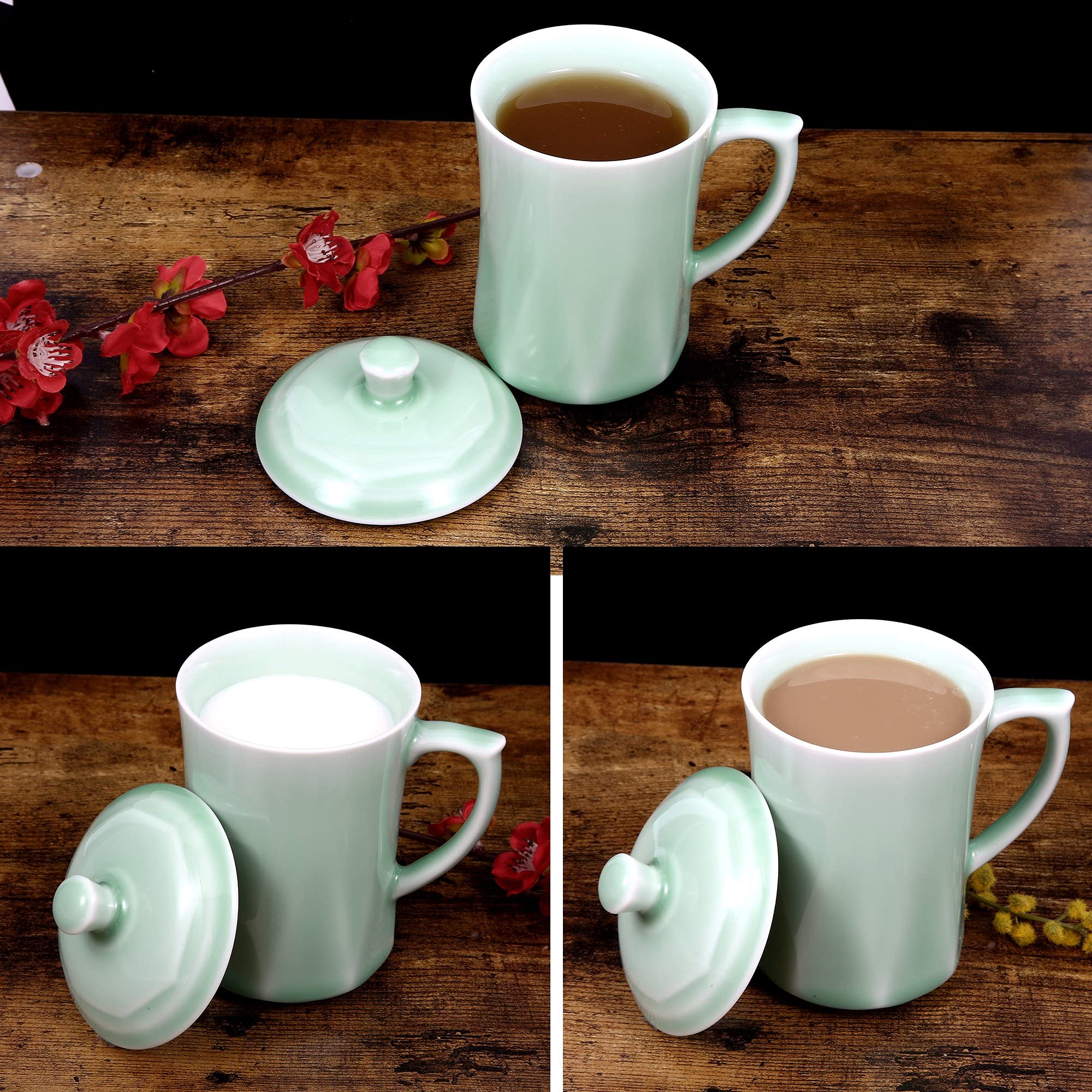 GREEN VALLEY Celadon Teacup, Coffee Mug, Milk Cup, Luxury Diamond Shaped Celadon Cup with Lid, Longquan Celadon, World Intangible Cultural Heritage, 13oz, Plum Green