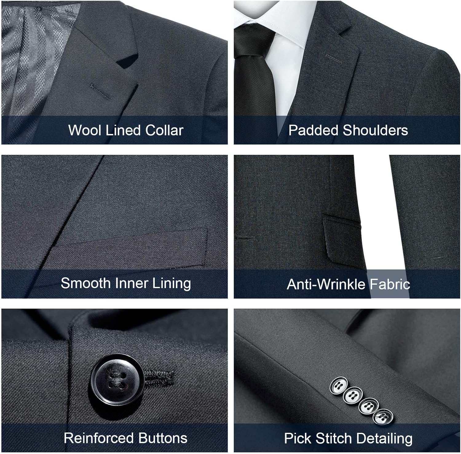 Men's Suit 3 Piece Slim Fit Suit Set, Two Button Solid Jacket Vest Pants with Tie, Men Tuxedo Suit Set - Image 4