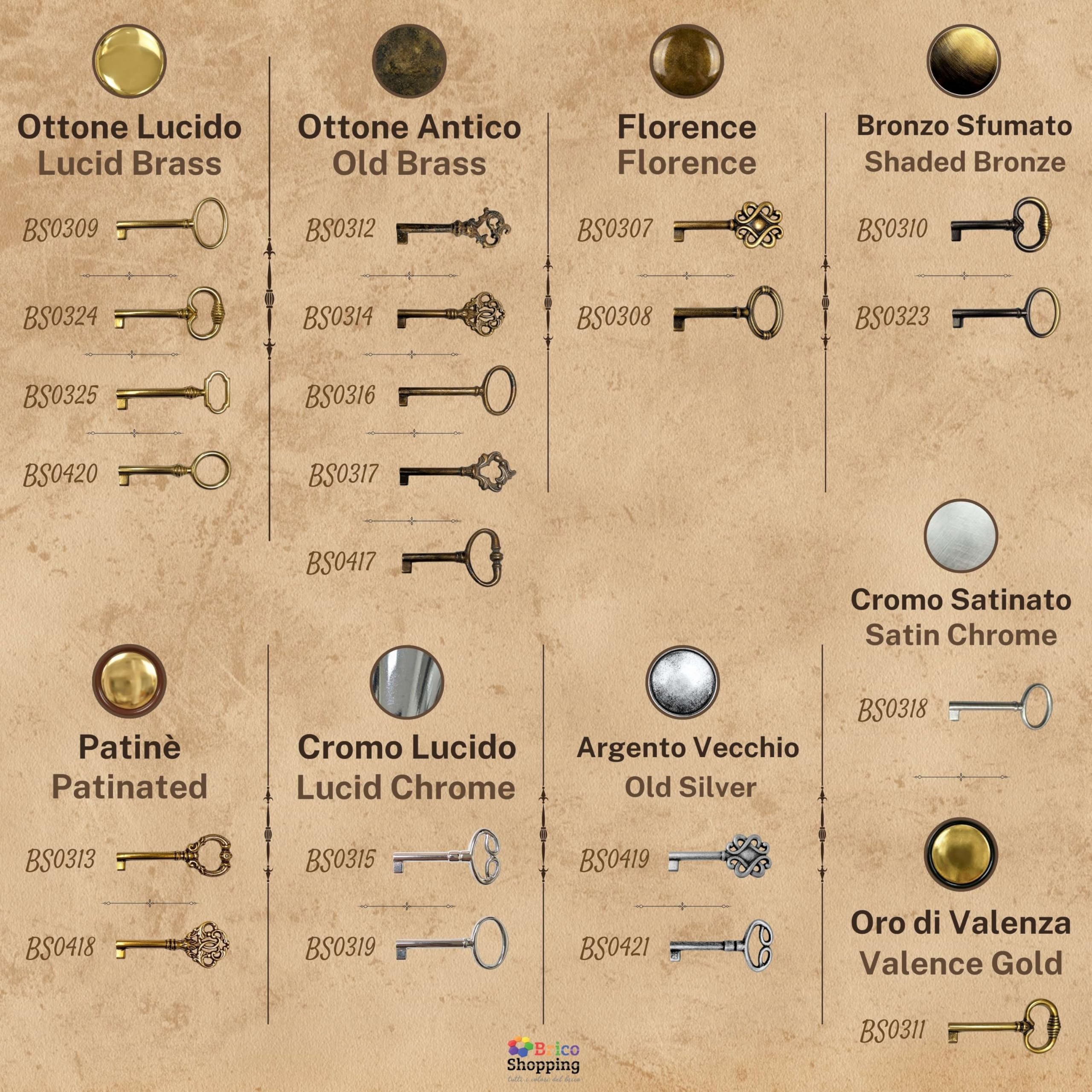 BricoShopping Llaves para muebles en estilo Arte Povera y armarios antiguos clásicos modernos, llave universal para cerradura de armario en latón, llave de mapa antigua para cajón (BS0314, latón