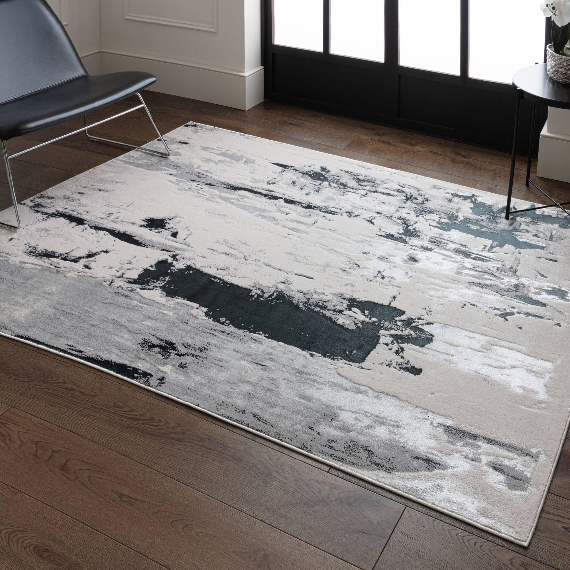 Lord of Rugs Modern Abstract Shiny Rug Silky Shimmer Soft High-Shine Carpet for Living Room, Bedroom Luxury Marbled Pattern Rug Glacier AU10 Grey/Silver, Large 160 x 230 cm (5'3"x7'7") — image 1
