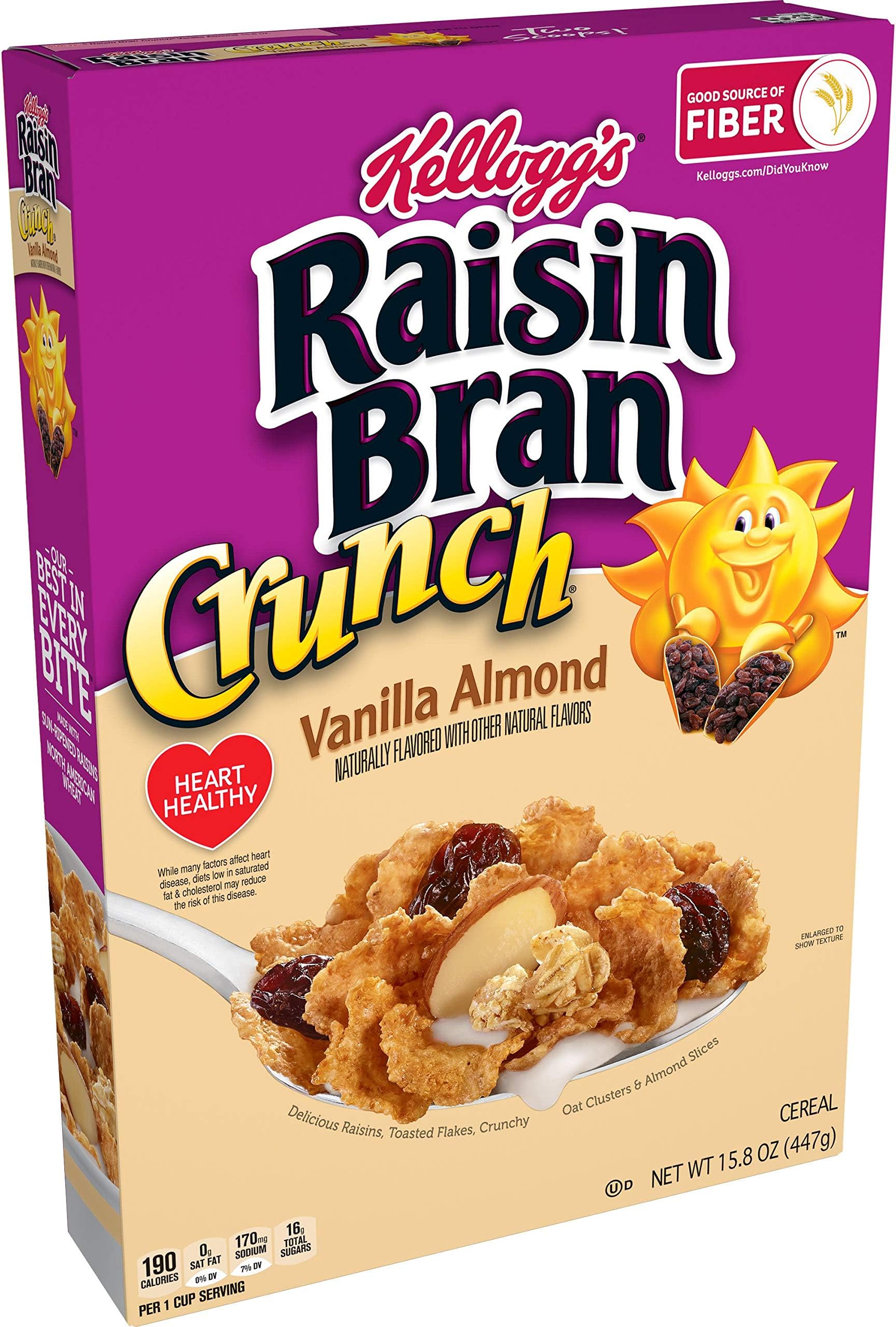 Kellogg's Raisin Bran Crunch Breakfast Cereal, Fiber Cereal, Made with Real Fruit, Vanilla Almond, 15.8oz Box (1 Box)