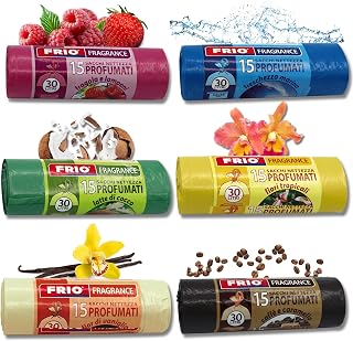 FRIO - Packung mit 90 parfümierte Müllbeuteln, 30 l, 6 SORTIERTE DÜFTE - 52 x 58 cm, SORTIERTE FARBEN - Premium-Abfallbeutel, extra strapazierfähig, super robust, duftende